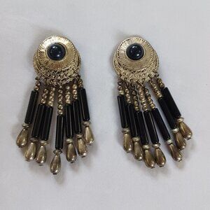 Clip On Earrings Costume Jewelry Black Silver  Southwestern Boho Native American